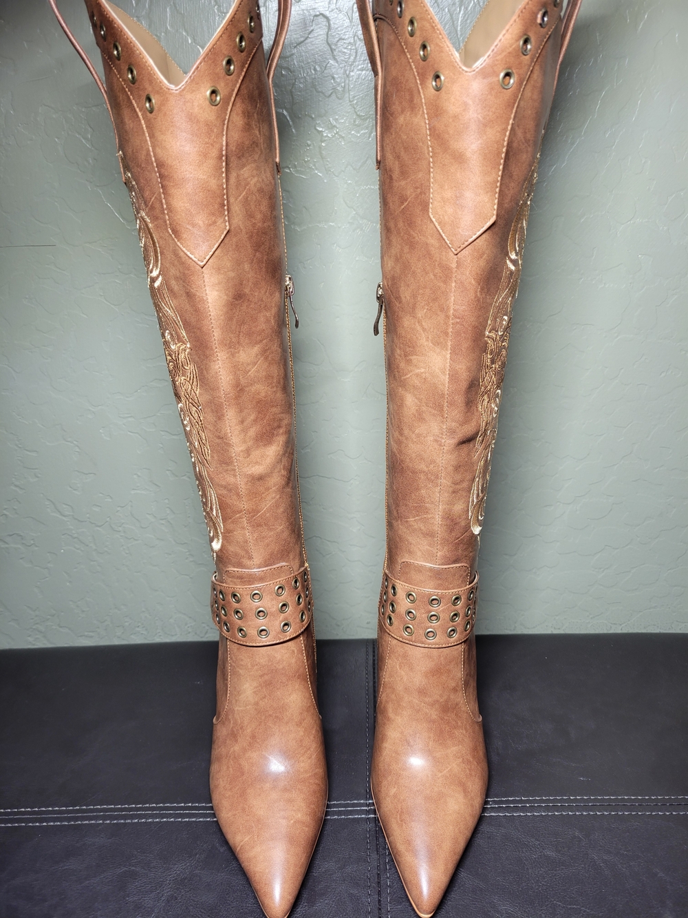 JANSEVEN Brown Embroidered Knee-High Western Stiletto Boots -WM Size 7